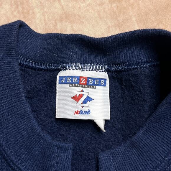 Vintage 90s Jerzees Handmade Snowman Cardigan Sweater Patchwork Navy Christmas - Picture 5 of 8